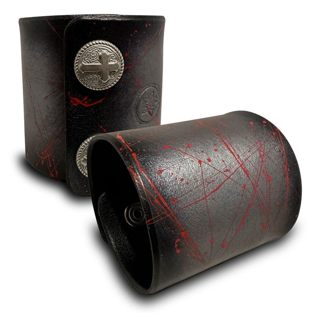 Silver &amp; Black with Red Splatter Leather Cuff Wristband with Snaps-Leather Cuffs &amp; Wristbands-Rockstar Leatherworks™