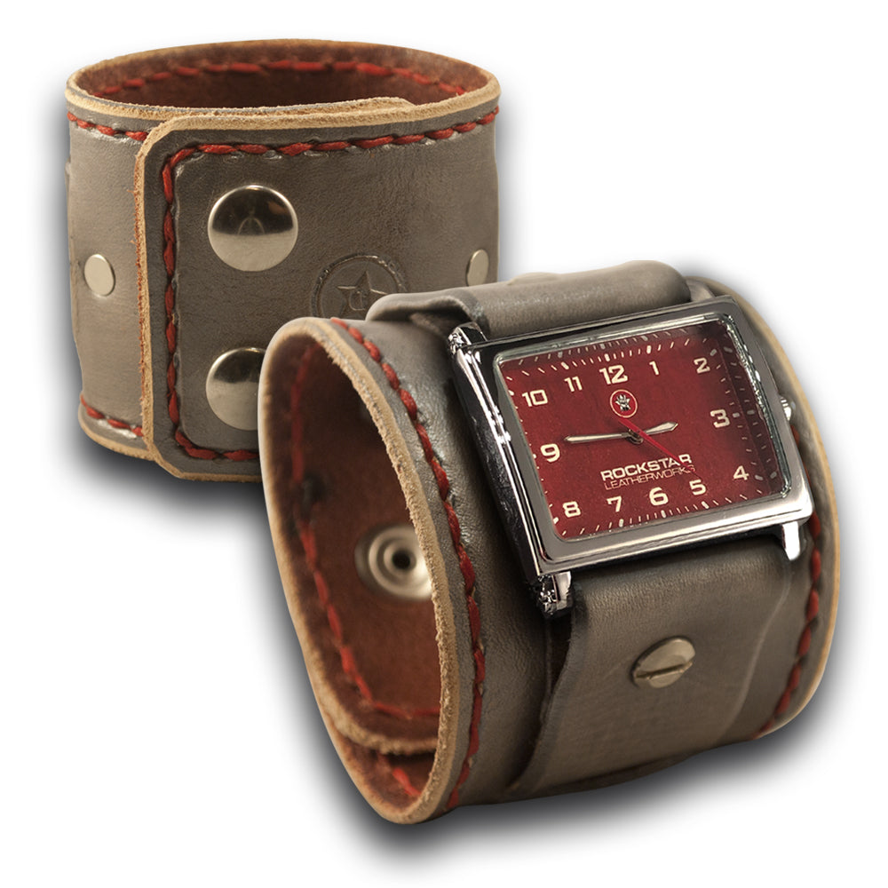 Silver & Red Leather Cuff Watch with Stitching and Snaps-Leather Cuff Watches-Rockstar Leatherworks™