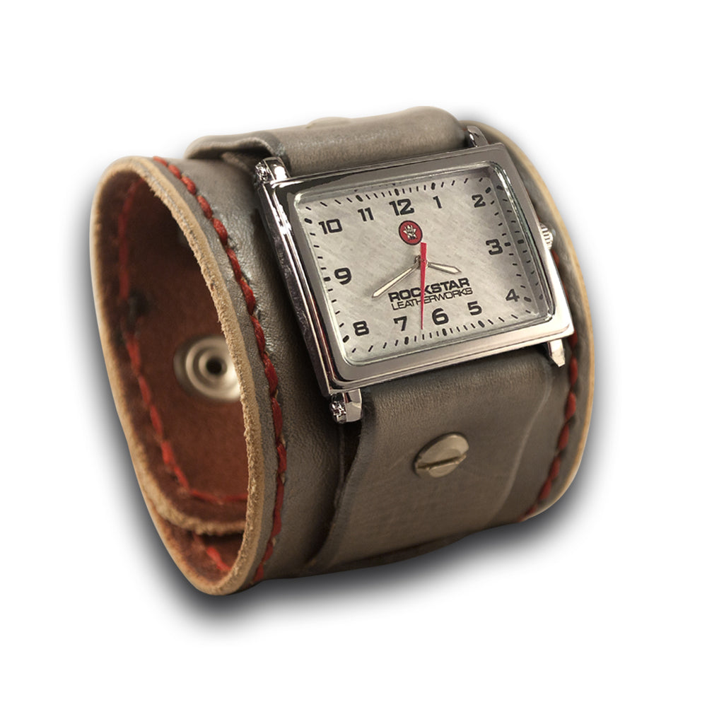 Silver & White Leather Cuff Watch with Stitching and Snaps-Leather Cuff Watches-Rockstar Leatherworks™