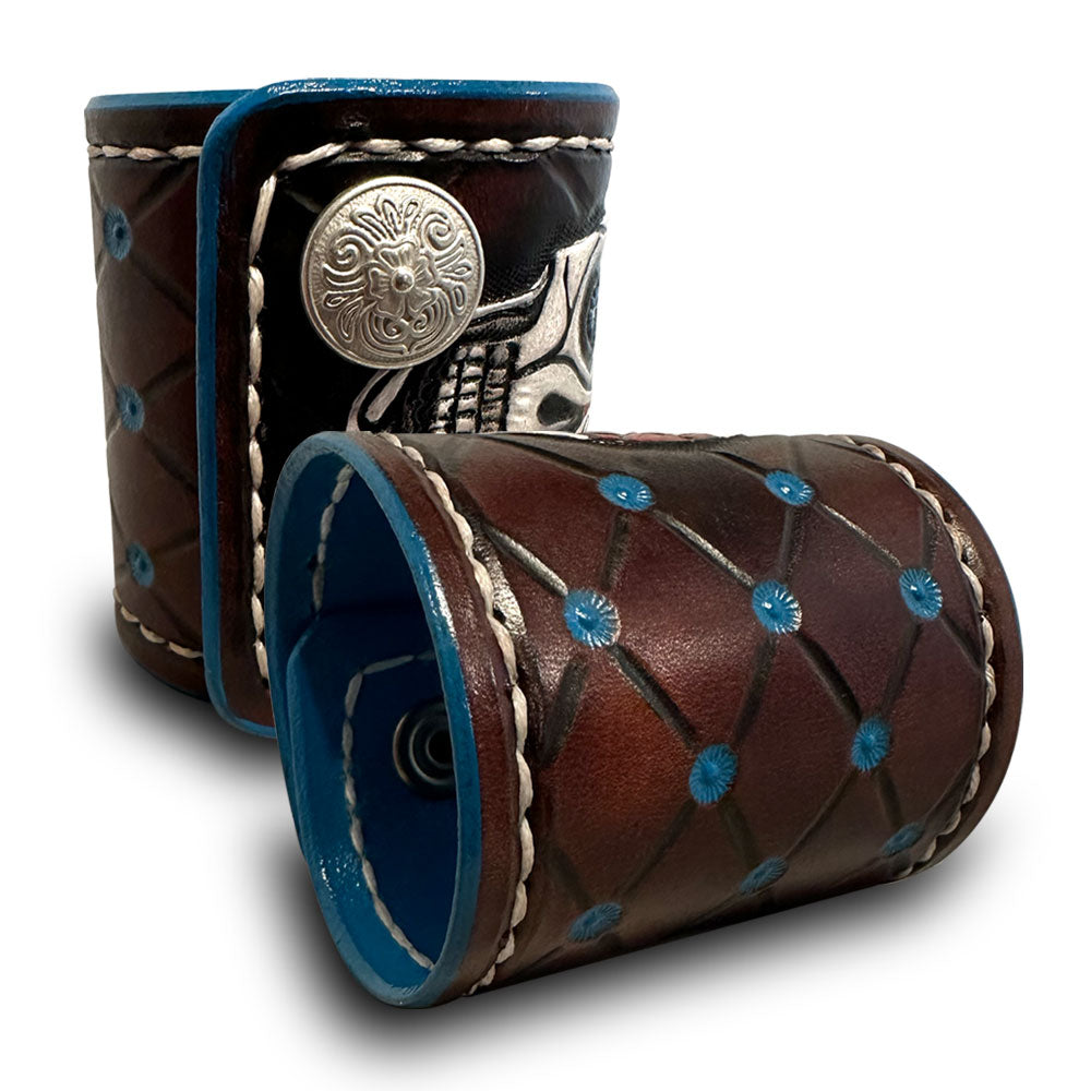 Sugar Skull Leather Cuff Wristband with Snaps & White Stitching-Leather Cuffs & Wristbands-Rockstar Leatherworks™