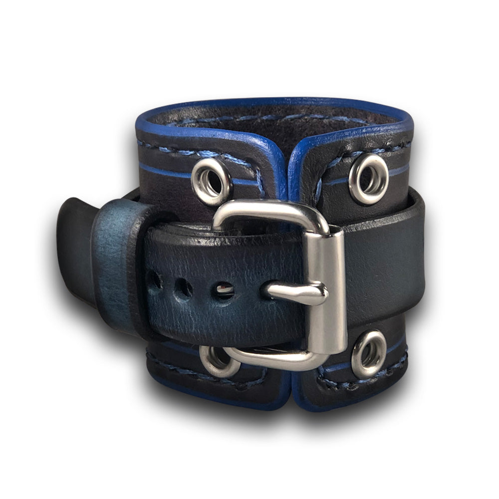 Slate and Blue Leather Cuff Watch Band with Stitching & Eyelets-Custom Handmade Leather Watch Bands-Rockstar Leatherworks™