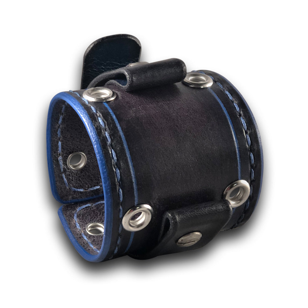 Slate and Blue Leather Cuff Watch Band with Stitching & Eyelets-Custom Handmade Leather Watch Bands-Rockstar Leatherworks™