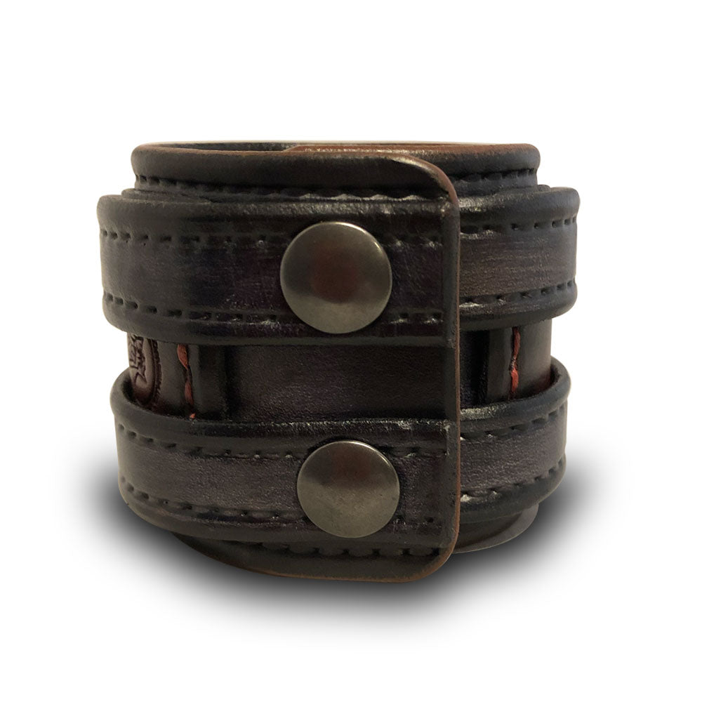 Slate & Bordeaux Layered Double Strap Leather Cuff with Black Snaps-Leather Cuffs & Wristbands-Rockstar Leatherworks™