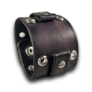 Wide Slate Gray Leather Cuff Watch Band with Eyelets and Skull Snaps-Custom Handmade Leather Watch Bands-Rockstar Leatherworks™