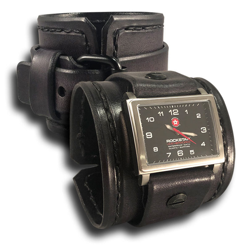 Slate Stressed Leather Cuff Watch with Black Buckle-Leather Cuff Watches-Rockstar Leatherworks™