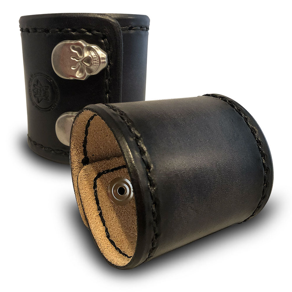 Wide Slate Leather Cuff Wristband with Stitching & Skull Snaps-Leather Cuffs & Wristbands-Rockstar Leatherworks™