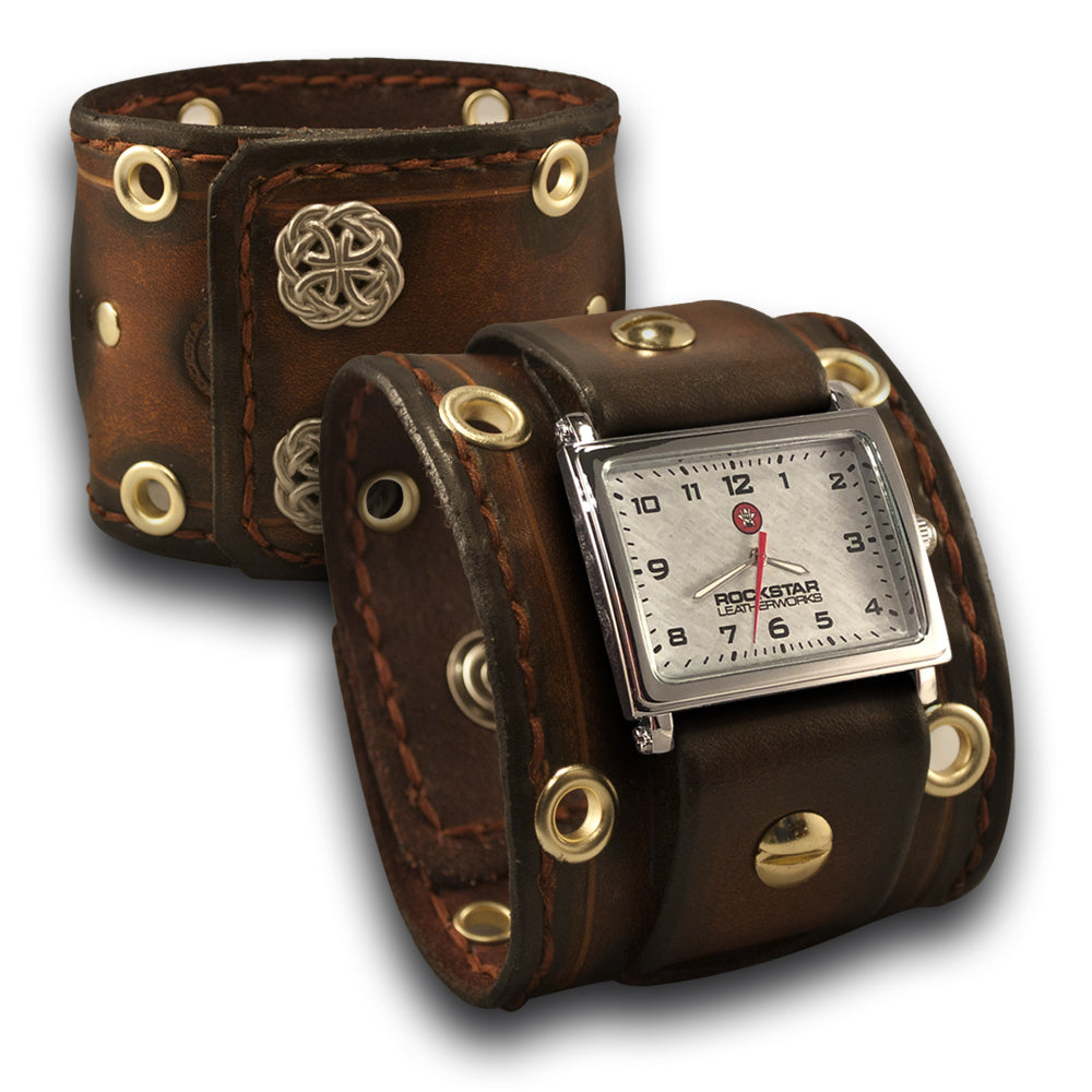 Brown Leather Cuff Watch with Eyelets, Etching & Celtic Snaps-Leather Cuff Watches-Rockstar Leatherworks™