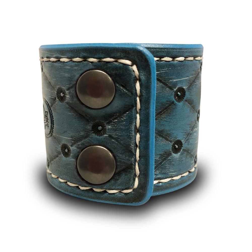 Quilted Turquoise Leather Cuff with Stitching and Snaps-Leather Cuffs & Wristbands-Rockstar Leatherworks™