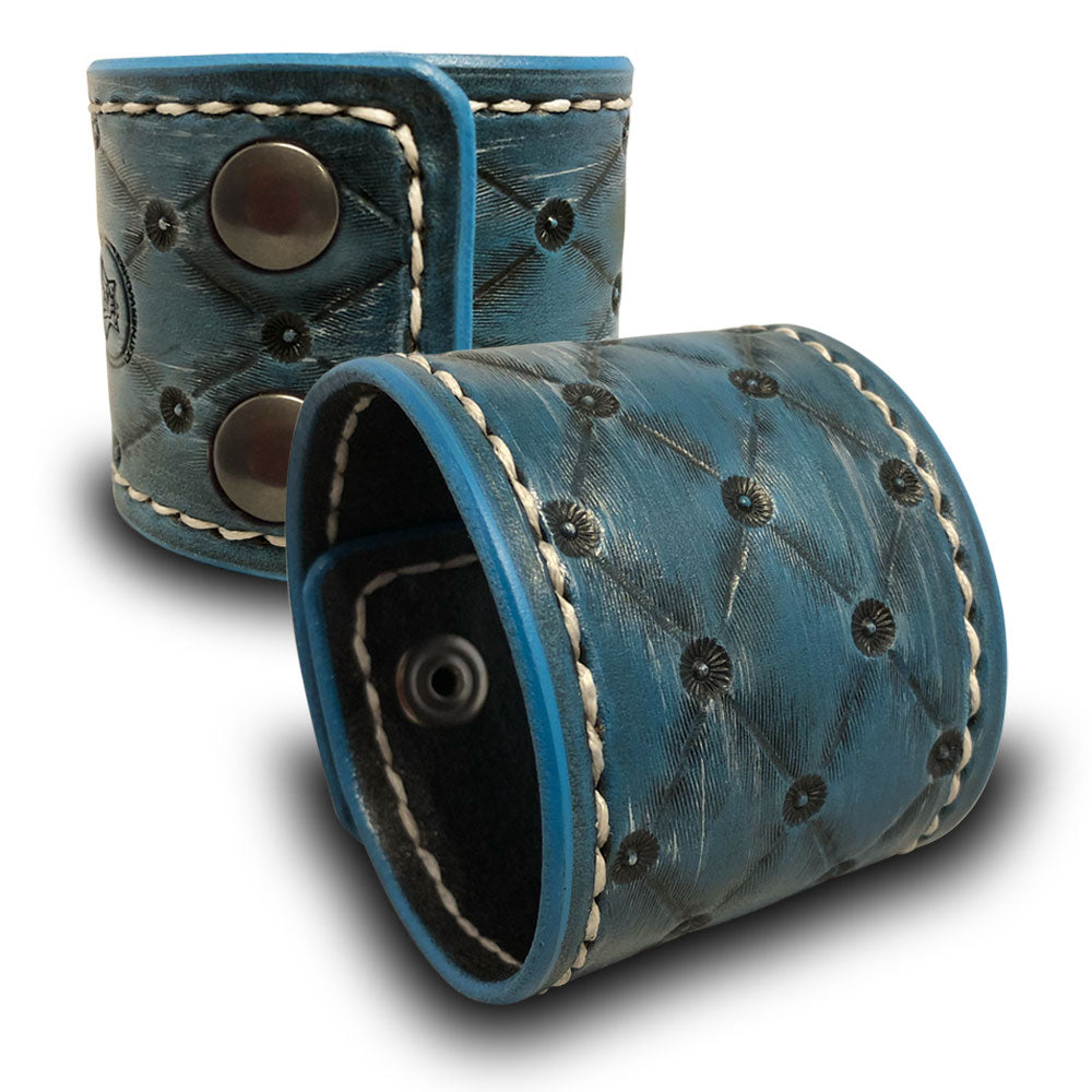 Quilted Turquoise Leather Cuff with Stitching and Snaps-Leather Cuffs & Wristbands-Rockstar Leatherworks™