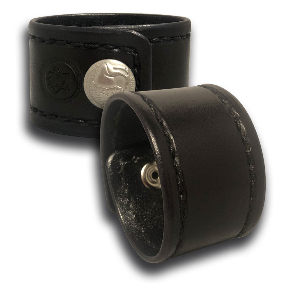 Black Leather Cuff with Black Stitching and Buffalo Snap-Leather Cuffs & Wristbands-Rockstar Leatherworks™