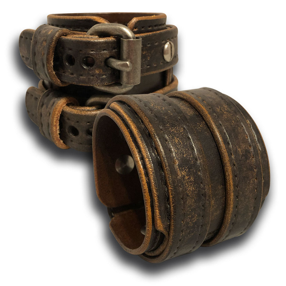 Weathered Double Buckle Double Strap Leather Cuff Wristband-Leather Cuffs & Wristbands-Rockstar Leatherworks™
