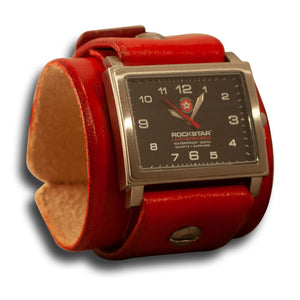 Scarlet Red Leather Cuff Watch - Stainless 42mm, Sapphire-Leather Cuff Watches-Rockstar Leatherworks™