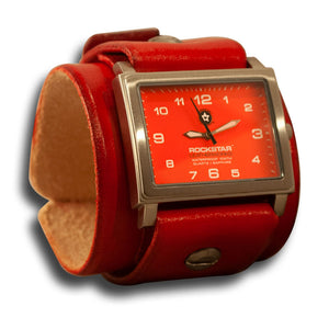 Scarlet Red Leather Cuff Watch - Stainless 42mm, Sapphire-Leather Cuff Watches-Rockstar Leatherworks™