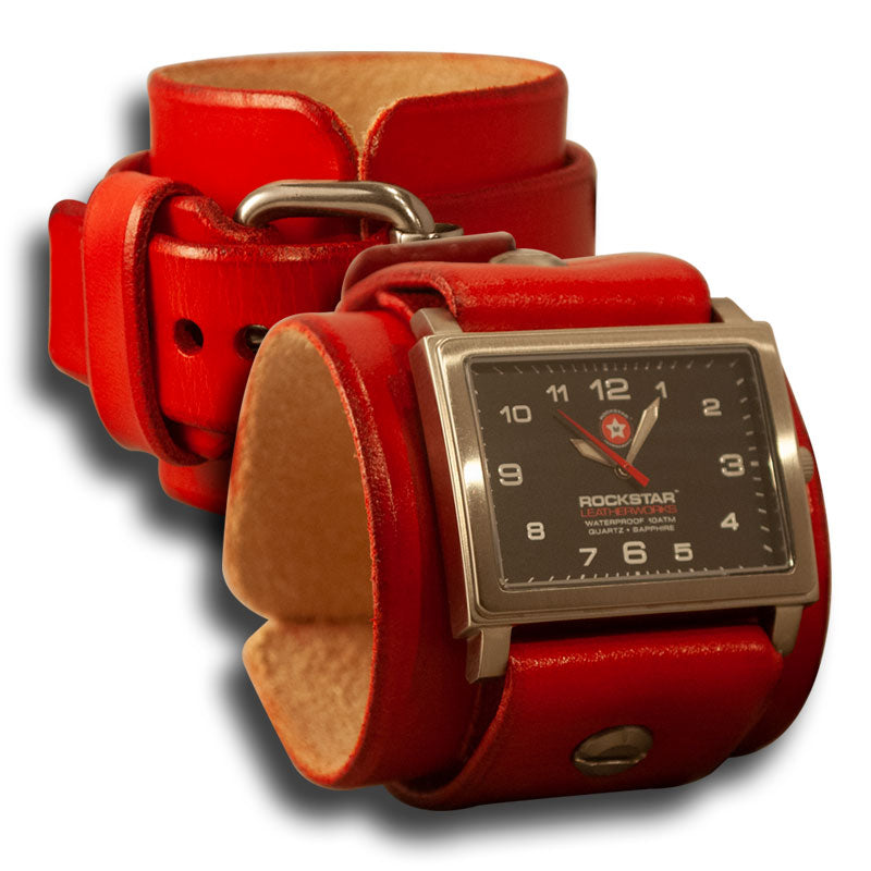 Scarlet Red Leather Cuff Watch - Stainless 42mm, Sapphire-Leather Cuff Watches-Rockstar Leatherworks™