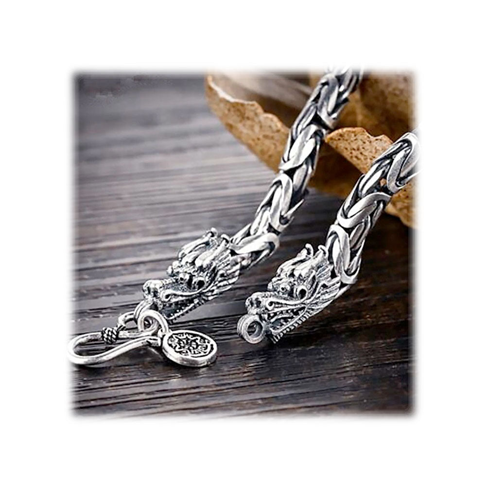 Silver Double Dragon Head Link Chain Bracelet-Bracelet-Rockstar Leatherworks™