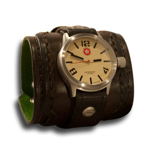 Dark Brown Layered Leather Cuff Watch with Stainless 42mm Sapphire-Leather Cuff Watches-Rockstar Leatherworks™