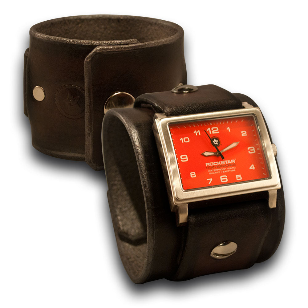 Dark Brown Leather Cuff Watch with Red Stainless Watch-Leather Cuff Watches-Rockstar Leatherworks™