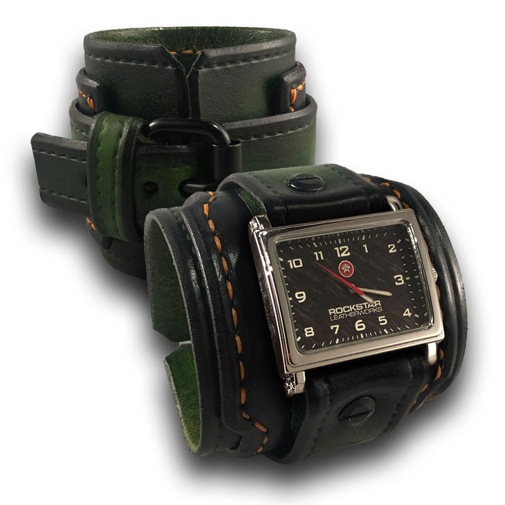 Forest Green Stressed Layered Leather Cuff Watch Black Buckle-Leather Cuff Watches-Rockstar Leatherworks™