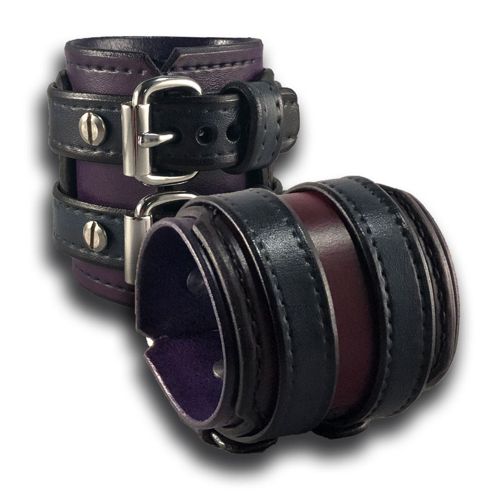 Purple, Oxblood & Blue Layered Leather Double Strap Cuff Wristband-Leather Cuffs & Wristbands-Rockstar Leatherworks™