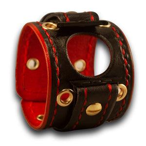 Black & Red Apple Leather Cuff Watch Band with Brass Eyelets-Custom Handmade Leather Watch Bands-Rockstar Leatherworks™