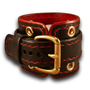 Black & Red Apple Leather Cuff Watch Band with Brass Eyelets-Custom Handmade Leather Watch Bands-Rockstar Leatherworks™