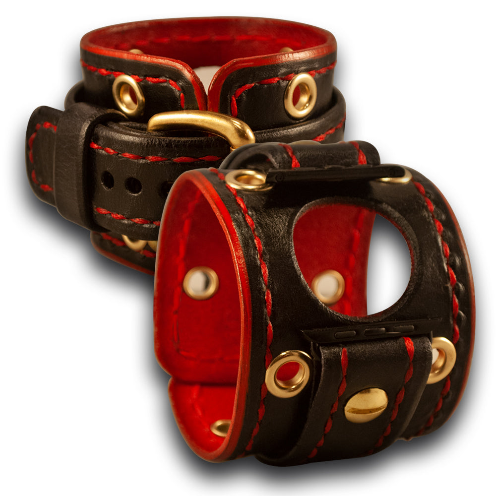 Black & Red Apple Leather Cuff Watch Band with Brass Eyelets-Custom Handmade Leather Watch Bands-Rockstar Leatherworks™