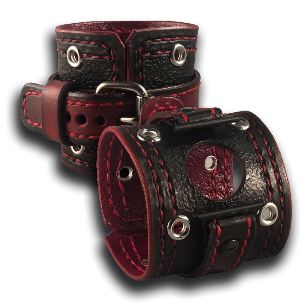 Black & Red Apple Leather Cuff Band with Stainless Eyelets-Custom Handmade Leather Watch Bands-Rockstar Leatherworks™