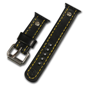 Black Leather Apple iWatch Straps with Yellow Stitching-Custom Handmade Leather Watch Bands-Rockstar Leatherworks™