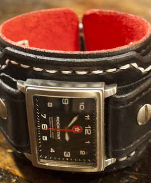 Black Layered Leather Cuff Watch with 42mm Stainless, Sapphire-Leather Cuff Watches-Rockstar Leatherworks™