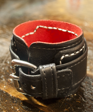Black Wide Layered Leather Cuff Watch - 42mm Stainless Sapphire-Leather Cuff Watches-Rockstar Leatherworks™