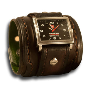 Bison Brown Stressed Layered Leather Cuff Watch - 42mm, Eyelets & Snaps-Leather Cuff Watches-Rockstar Leatherworks™