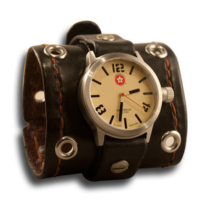 Black Leather Cuff Watch w/ Stitching & Stainless 42mm Sapphire-Leather Cuff Watches-Rockstar Leatherworks™