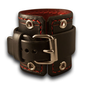 Black & Red 42mm Leather Cuff Watch with Stitching & Eyelets-Leather Cuff Watches-Rockstar Leatherworks™