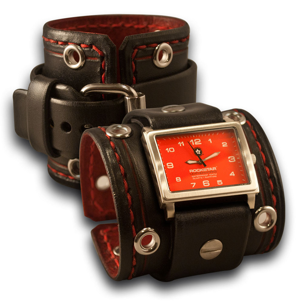 Black & Red 42mm Leather Cuff Watch with Stitching & Eyelets-Leather Cuff Watches-Rockstar Leatherworks™