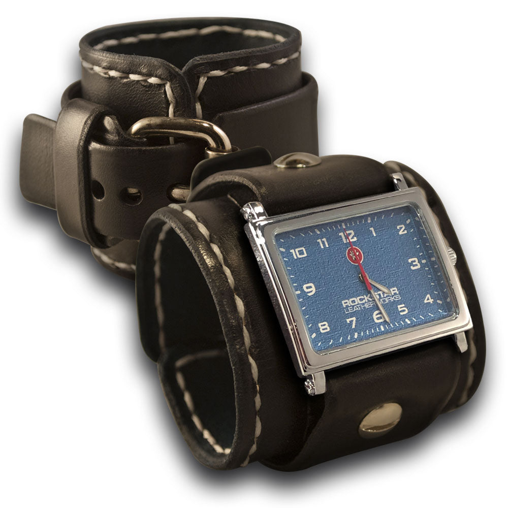 Black Rockstar Wide Leather Cuff Watch w/ Blue Face & Stitching-Leather Cuff Watches-Rockstar Leatherworks™