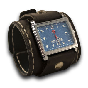 Black Rockstar Wide Leather Cuff Watch w/ Blue Face & Stitching-Leather Cuff Watches-Rockstar Leatherworks™
