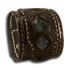 Black Leather Cuff Wristband with Blue Snake Skin Inlay-Leather Cuffs & Wristbands-Rockstar Leatherworks™