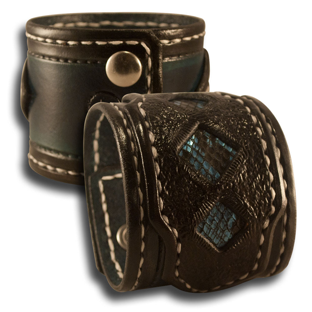 Black Leather Cuff Wristband with Blue Snake Skin Inlay-Leather Cuffs & Wristbands-Rockstar Leatherworks™