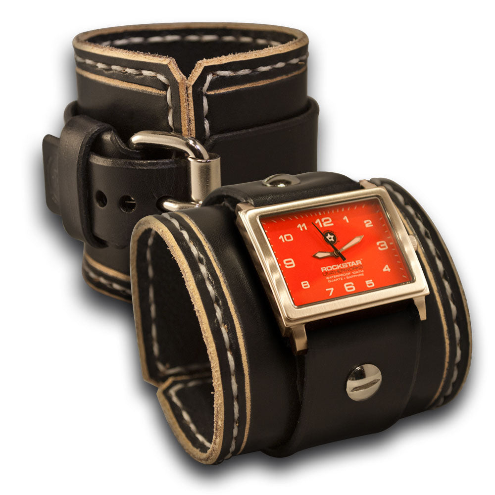Black Leather Cuff Watch with Beige Stitching & Stainless Buckle-Leather Cuff Watches-Rockstar Leatherworks™