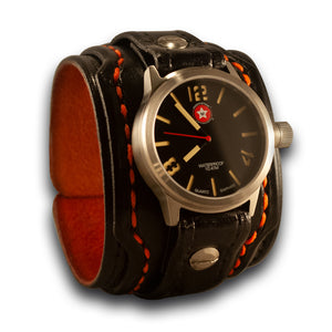 Black & Orange Layered Leather Cuff Watch with 42mm Sapphire, 10ATM-Leather Cuff Watches-Rockstar Leatherworks™