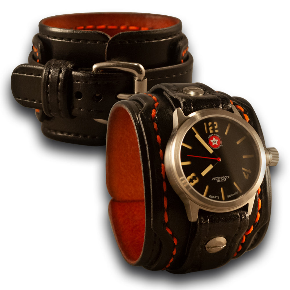 Black & Orange Layered Leather Cuff Watch with 42mm Sapphire, 10ATM-Leather Cuff Watches-Rockstar Leatherworks™