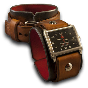 Black & Tan Leather Cuff Watch with Stainless Buckle-Leather Cuff Watches-Rockstar Leatherworks™