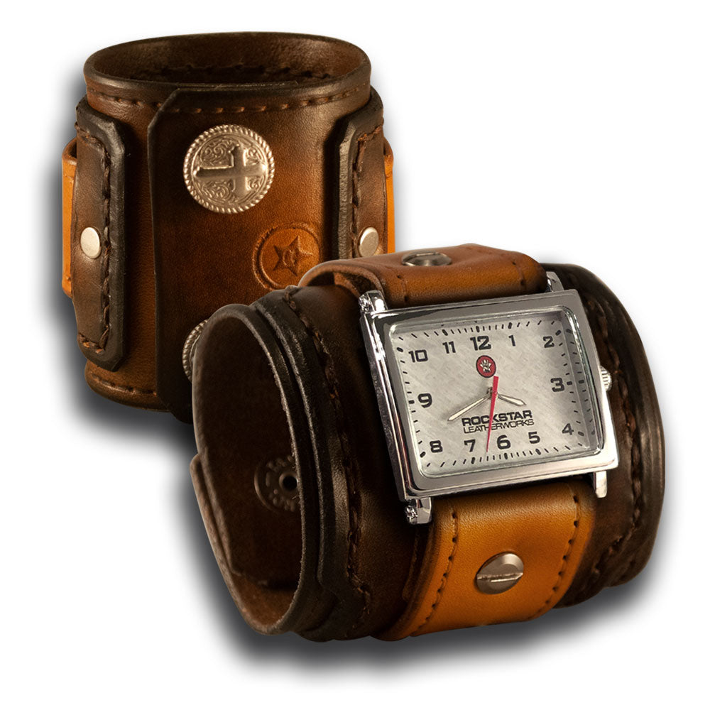 Range Tan Stressed Layered Leather Cuff Watch with Roped Cross Snaps-Leather Cuff Watches-Rockstar Leatherworks™