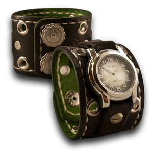 Black Rockstar Leather Cuff Watch w/ Stitching, Eyelets & Snaps-Leather Cuff Watches-Rockstar Leatherworks™