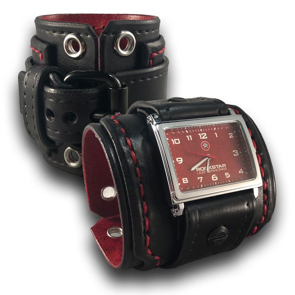 Black Wide Layered Leather Cuff Watch with Black Buckle-Leather Cuff Watches-Rockstar Leatherworks™