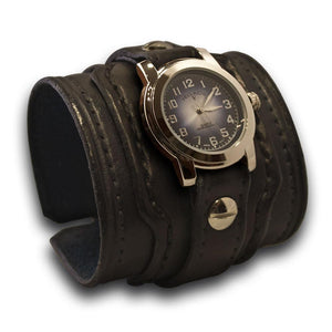 Black Drake Layered Leather Cuff Watch with Stitching and Buckle-Leather Cuff Watches-Rockstar Leatherworks™