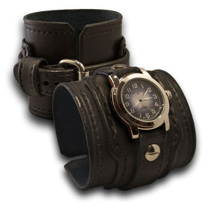 Black Layered Leather Cuff Watch with Stitching and Buckle-Leather Cuff Watches-Rockstar Leatherworks™