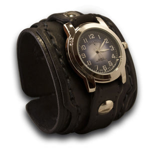 Black Rockstar Layered Leather Cuff Watch with Stitching-Leather Cuff Watches-Rockstar Leatherworks™