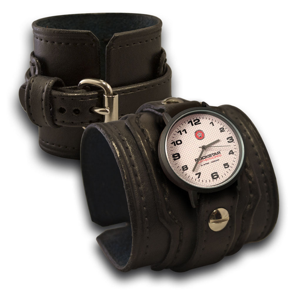 Black Layered Leather Cuff Watch with Stitching and Buckle-Leather Cuff Watches-Rockstar Leatherworks™