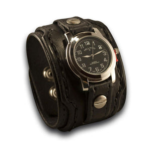 Black Drake Leather Cuff Watch with Stainless Snaps-Leather Cuff Watches-Rockstar Leatherworks™